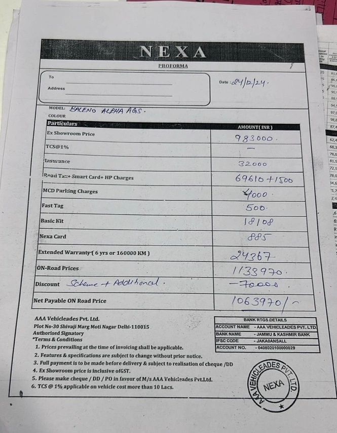 Maruti Suzuki Baleno Alpha Automatic On Road Price Breakup In Delhi