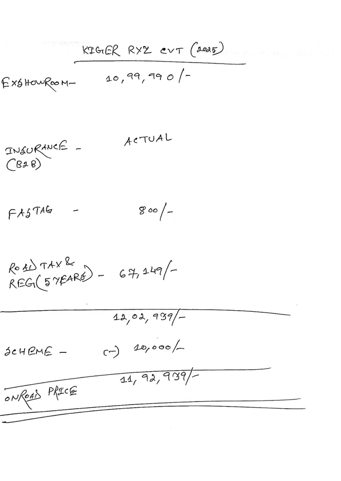 Renault Kiger RXZ CVT Turbo Top Model On Road Price & Discounts In South Kolkata Alipore