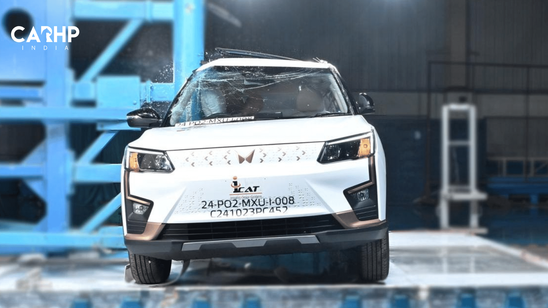 White Mahindra XUV 400 EV BNCAP Crash Test Photograph