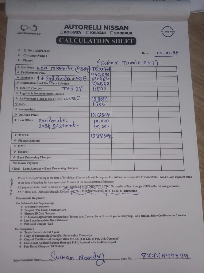 All New Nissan Magnite Turbo CVT Top Model On Road Price In Kolkata