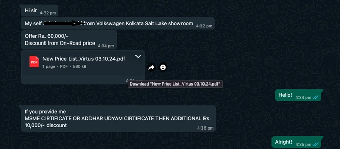 Whatsapp Conversation With A VW Sales Consultant In Kolkata