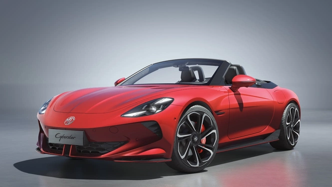 Red MG Cyberster Convertible Sports Car Front Profile Photograph