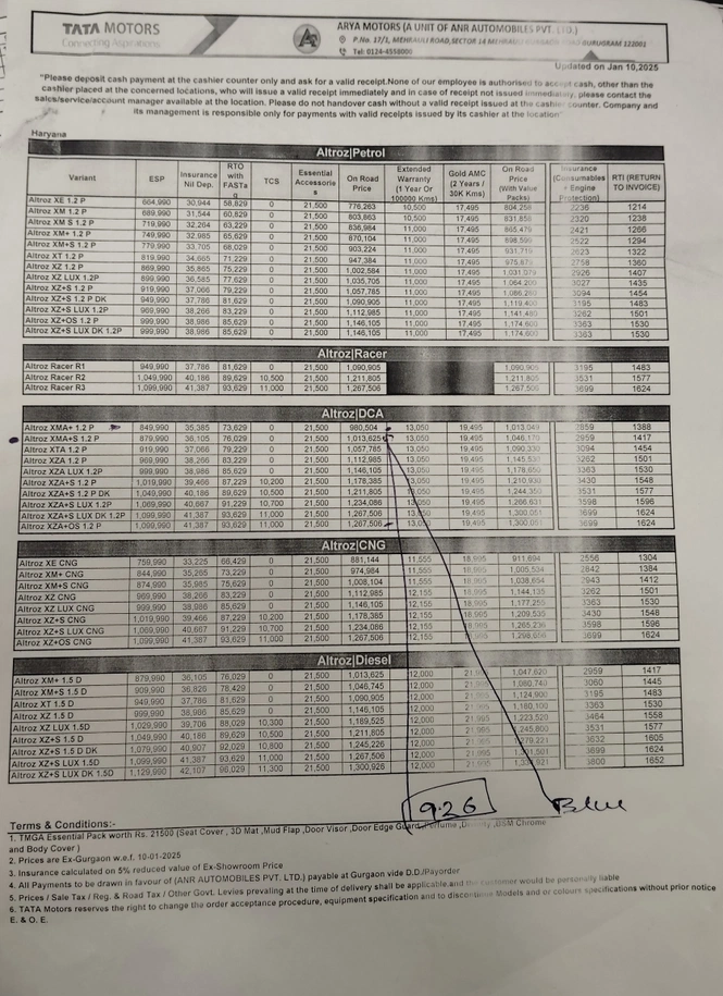 Tata Altroz DCA Price List & Discounts