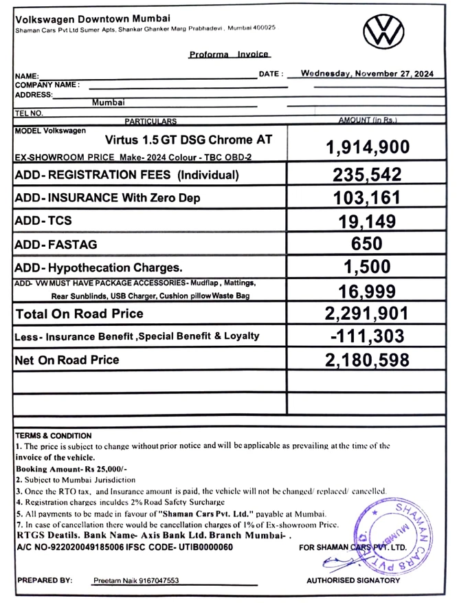 Volkswagen Virtus GT Discounted Prices From VW Downtown Mumbai
