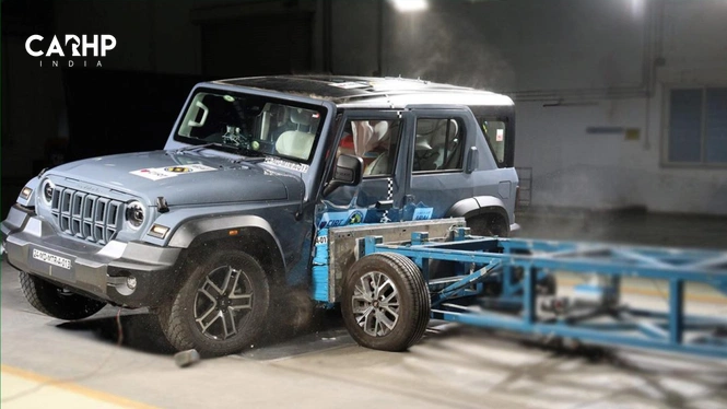 Grey Mahindra Thar ROXX BNCAP Crash Test Photograph