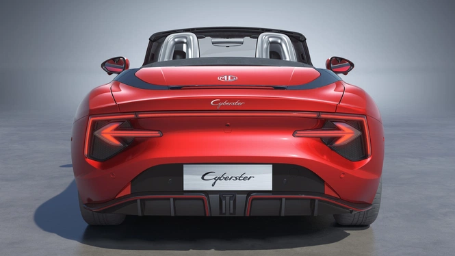Red MG Cyberster Convertible Sports Car Rear Profile Photograph